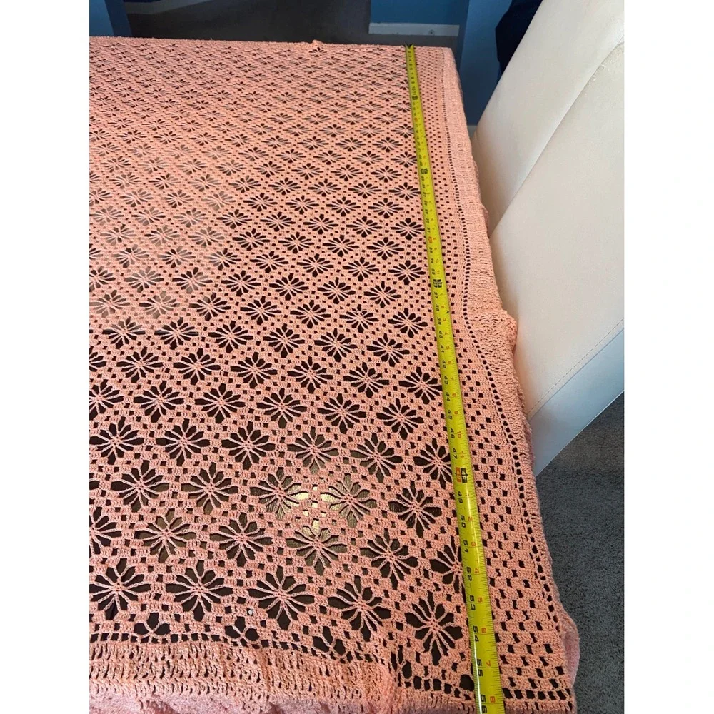Vintage Handmade Crochet Lace Tablecloth Peach Coral Starburst Floral 56x56